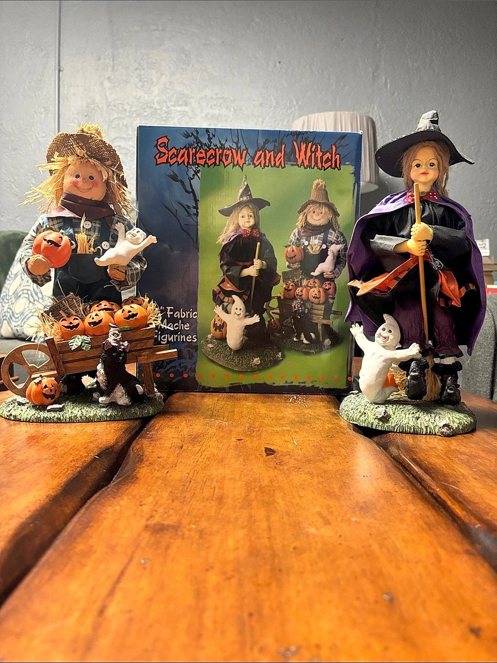 Scarecrow and Witch 13" Fabric Mache Figurines Halloween Figurines & Book